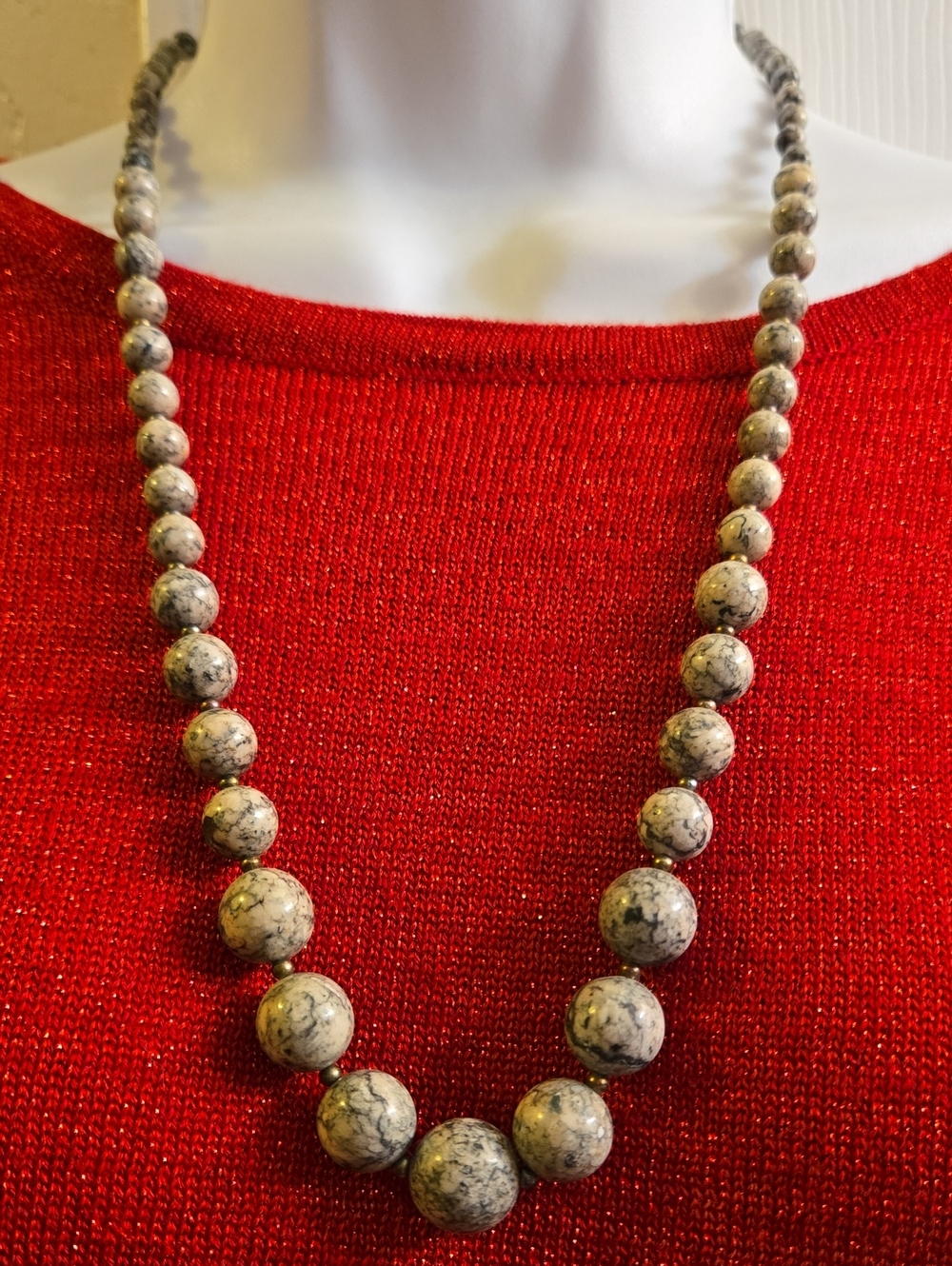 Vintage Speckled Gray Marble Picture Jasper Stone Bead Necklace
